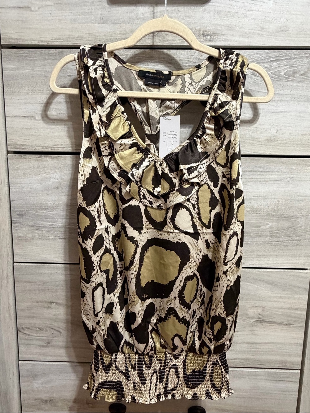 BCBGMaxAzria Gold and Black Ruffle V-Neck Animal Print Tank - Picture 2 of 4